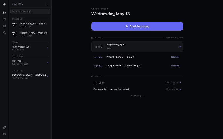 Perchnote app showing live transcription of a meeting
